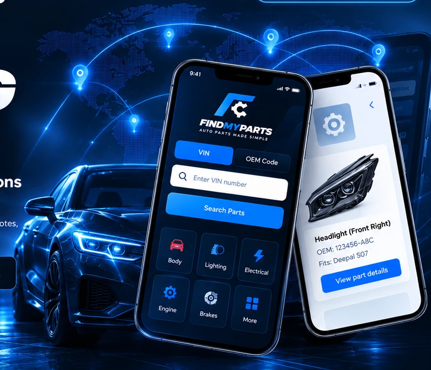 FindMyParts app concept with two smartphones, an electric-blue car and connected world map